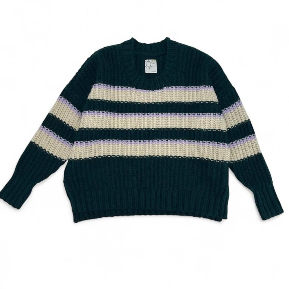 Aerie Offline Striped Chunky Knit Sweater L Green Cream Lilac Thumbholes